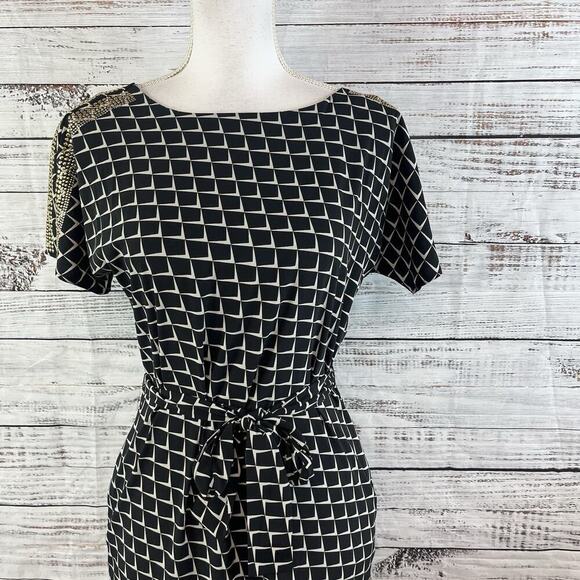 AX Armani Exchange Dress size 0 Black Ivory Gold Studs Stretch Dinner Cocktails - Picture 2 of 10